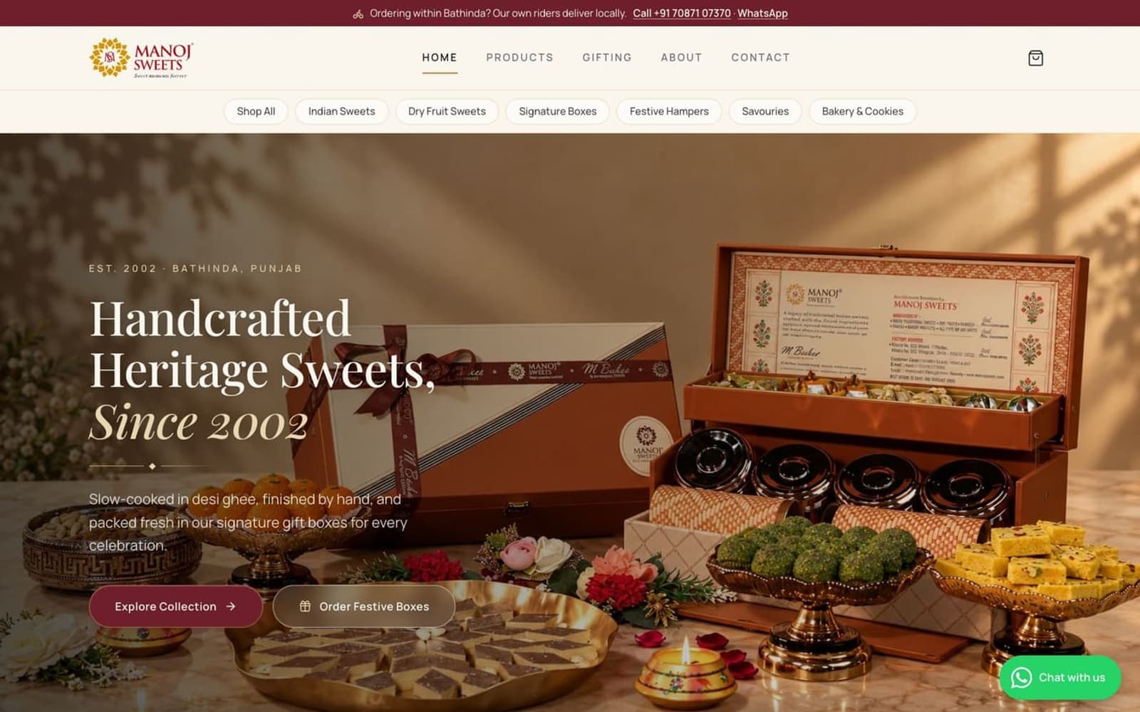 Manoj Sweets website homepage