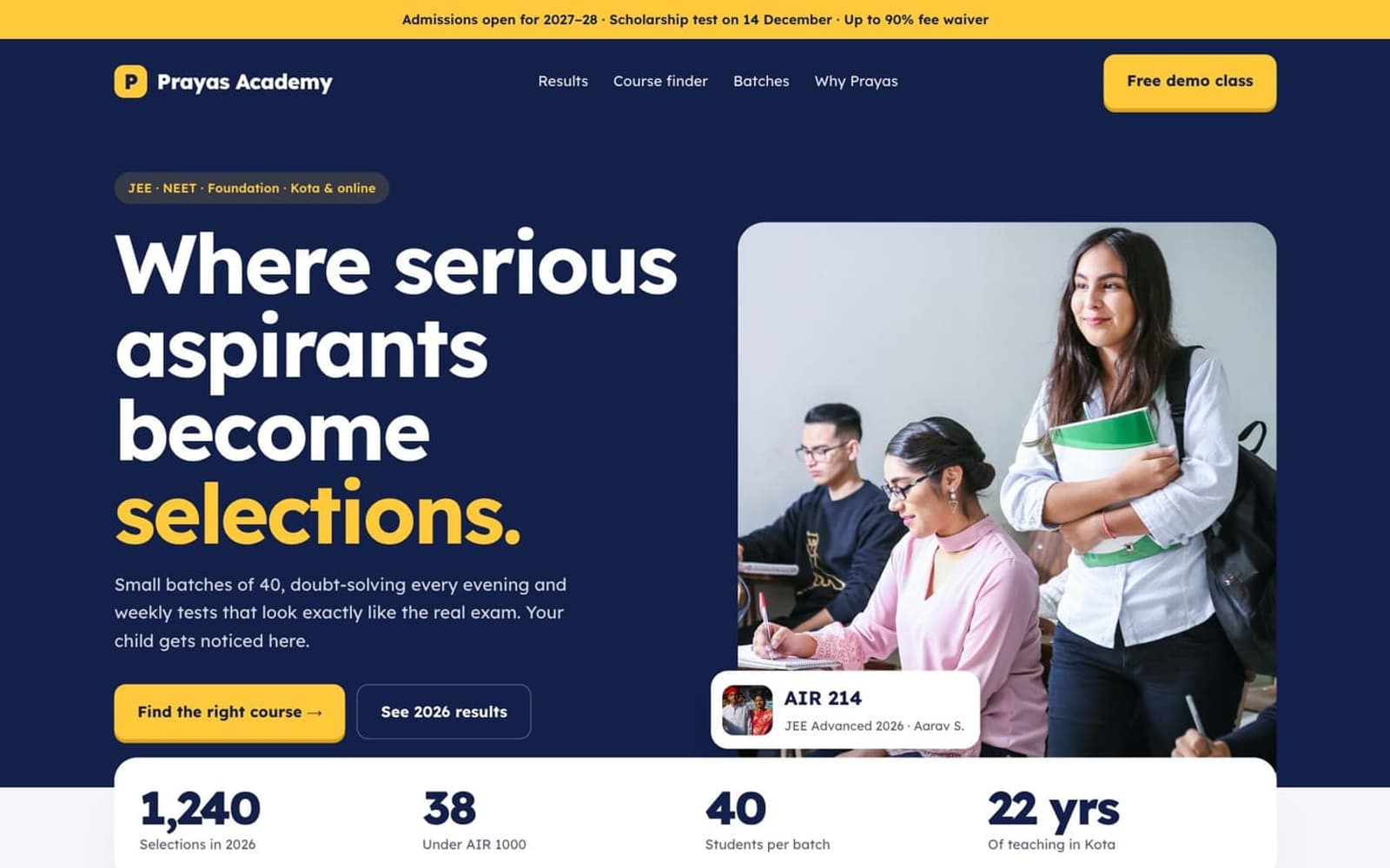 Prayas Academy website homepage