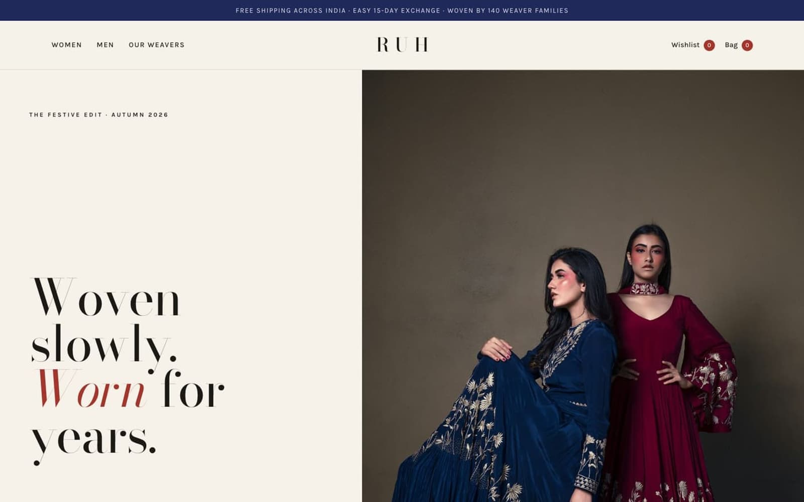 Ruh Handloom website homepage