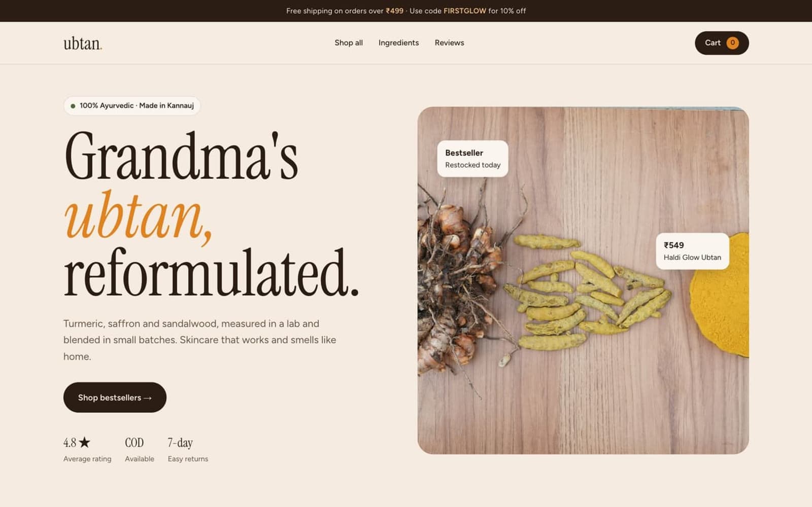 Ubtan Botanicals website homepage