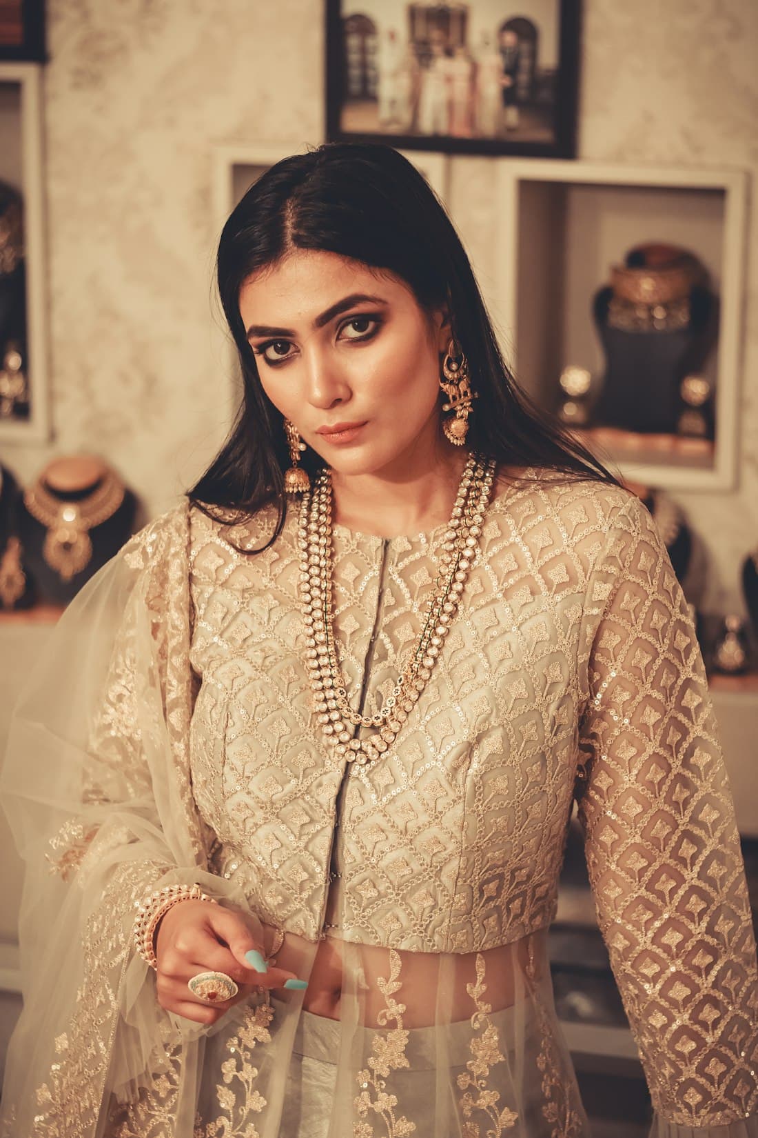 Gold tissue kurta set with layered necklace