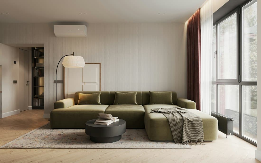 Spacious living room with large windows