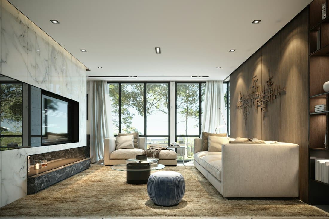 Living room with a fireplace wall